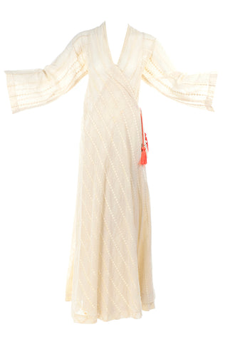 Rare Phyllis Sues Vintage 1970s Cream Raised Dot Maxi Wrap Dress W Tassels 