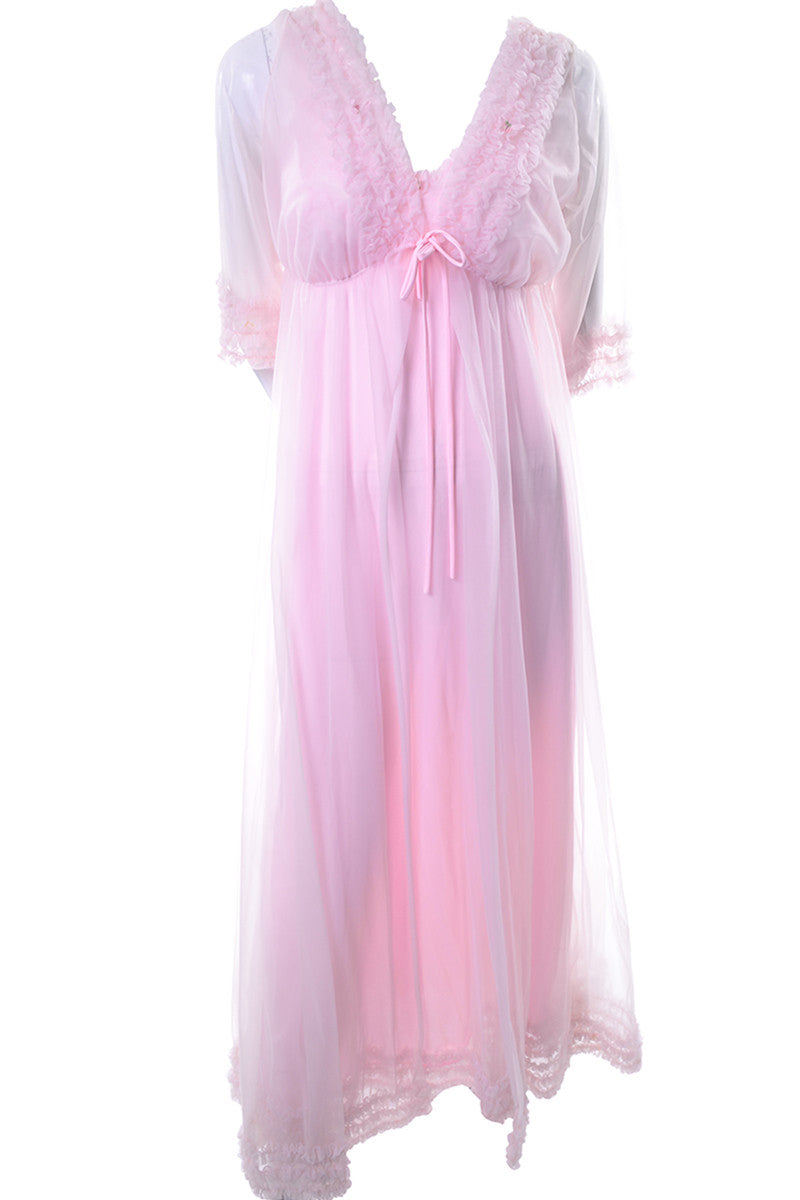 Pink Ruffled Vintage Chiffon Peignoir Set With Nightgown and Robe – Modig