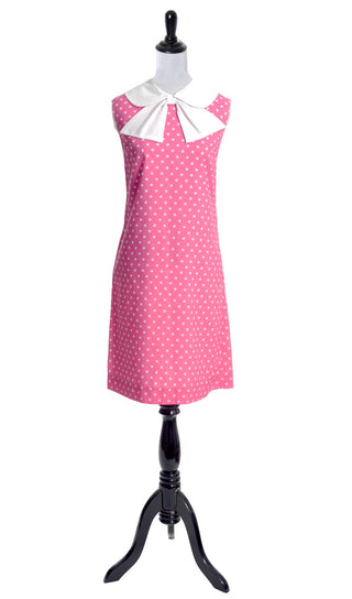Pink Polka Dot vintage dress with white bow 38B - Dressing Vintage