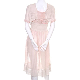 Pink cotton vintage dress with tone on tone stripes and crochet details