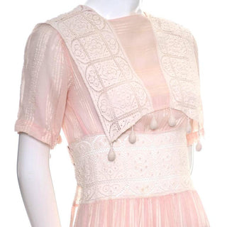 Crochet lace details on a 1930's vintage cotton voile pink dress