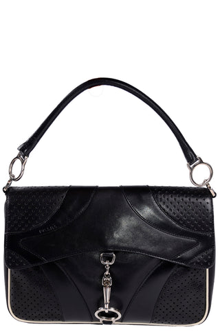 1990s Prada Black & White Perforated Leather Top Handle Handbag