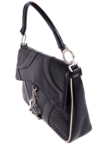 Vintage 1990s Prada Black & White Perforated Leather Top Handle Handbag