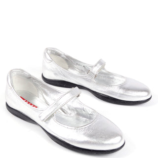 Prada Sport Shoes Silver Metallic Mary Jane Flats 39.5