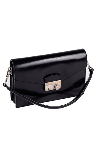 Vintage 1990s Prada Black Leather Vitello Sound flap handbag w Dust Bag & Key