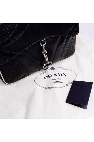 1990s Prada Black & White Perforated Leather Top Handle Vintage Handbag