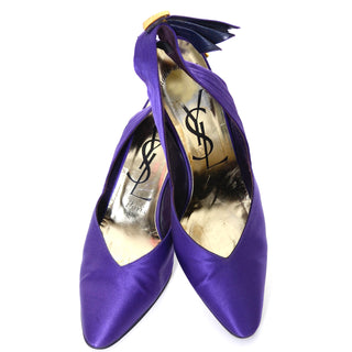 1985 Yves Saint Laurent Documented Purple Satin Rhinestone Slingback YSL Shoes size 8