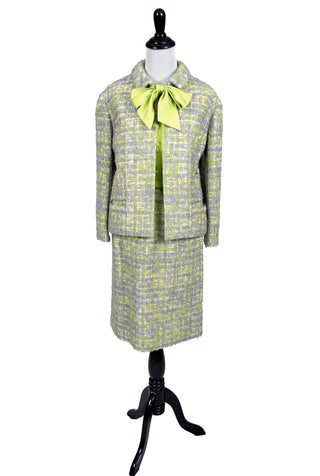 Green and purple wool vintage Ramuz Geneve 3 piece skirt suit with silk blouse - Dressing Vintage