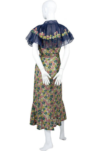 1930's Adaptation Chanel Paris Floral Applique Silk Chiffon Floral Vintage Dress with Navy Chiffon Ruffles
