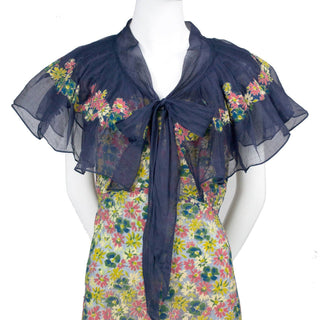 1930's Adaptation Chanel Paris Floral Applique Silk Chiffon Floral Vintage Dress Navy Sash