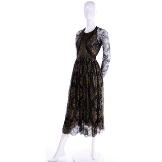 Vintage Geoffrey Beene Gold & Black Lace Evening Dress