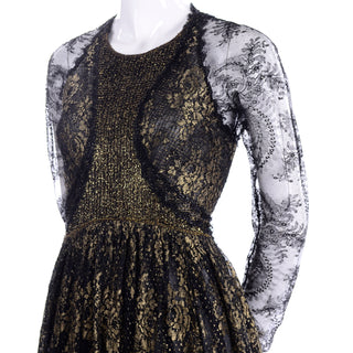 American designer Geoffrey Beene Gold & Black Lace Evening Dress