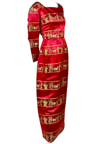 1960s Formal Red Satin Vintage Dress Asian Print