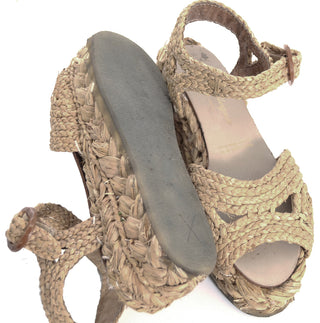 7.5 Robert Clergerie Natural Raffia Wedge Sandals Made in France - Dressing Vintage