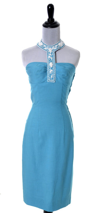 Blue Robert Morton for Tiara Vintage 1950's Beaded Halter Collar - Dressing Vintage