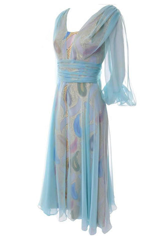 Rose Taft 1960's Sheer Blue Long Dress with Metallic Paisley