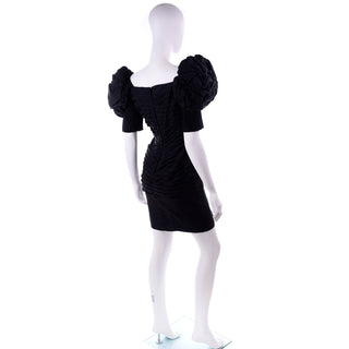 1980s Ruched Vintage Silk Cocktail Evening Dress In Tonal Black Polka Dots
