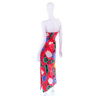 Scaasi Bold Red Floral Asymmetrical Bustline Strapless Dress w/ Sequins