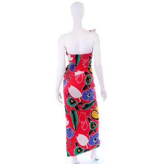 Scaasi Bold Red Floral Asymmetrical Bustline Strapless Dress w/ Sequins