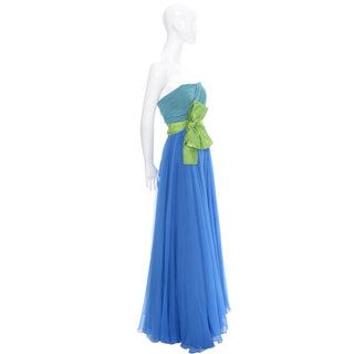 1960s Silk Chiffon Vintage Formal Dress In Aqua Lime and Blue - Dressing Vintage