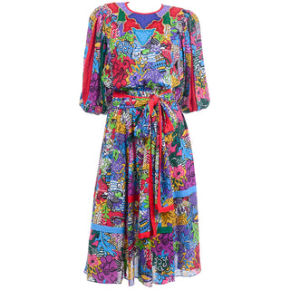 1980s Diane Freis Multi-Colored Botanical Print Dress Pleated Puff Sleeves