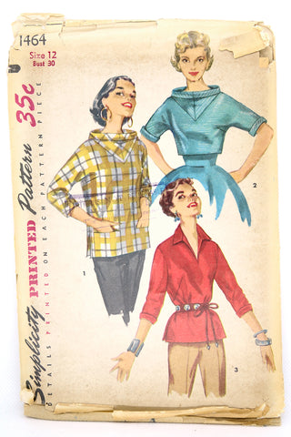 Simplicity 1464 Overshirt Blouses Vintage 1955 Sewing Pattern