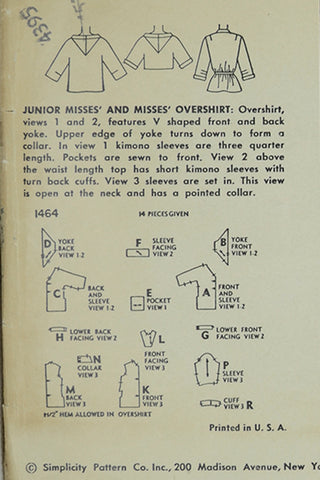 Simplicity 1464 Overshirts Blouses Vintage 1955 Sewing Pattern