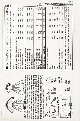 Uncut 1957 Sewing Pattern Simplicity 2282 for Girls Shirtwaist Dress Childrens Patterns