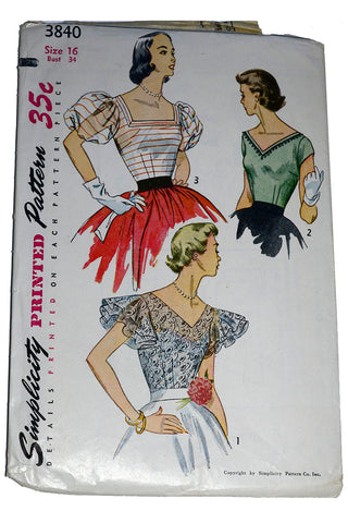 1952 Blouse Pattern Simplicity 3840