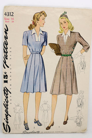 Wartime Simplicity 4312 Vintage 1940s Dress Sewing Pattern 