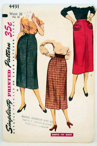 Vintage 1953 Simplicity 4491 Skirt Sewing Pattern 50s