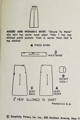 Vintage 1953 Simplicity 4491 Skirt Sewing Pattern 1950s