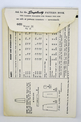 Vintage 1953 Simplicity 4491 Slim Skirt Sewing Pattern