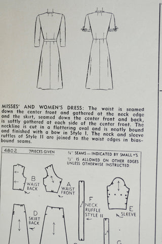 1940's vintage Simplicity 4802 Misses' and Women's Dress sewing pattern Ruffles