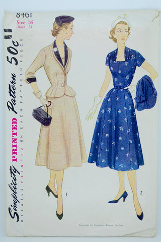 1950s Simplicity 8461 Vintage Dress & Jacket Sewing Pattern from 1951