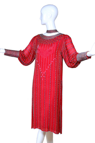 Vintage red silk beaded dress with leg of mutton sleeves