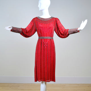 Red silk beaded vintage dress in 1920s flapper style