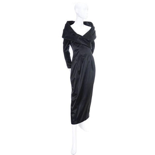 Black designer evening gown with large shawl collar