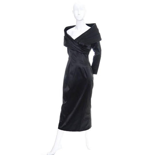 1990's Sophie Sitbon black stretch liquid satin evening gown with large avant garde shawl collar