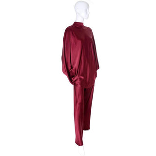 George Stavropoulos burgundy silk evening ensemble with draped, high neck top and matching pants