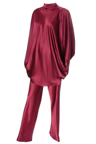 George Stavropoulos burgundy silk top and pants outfit