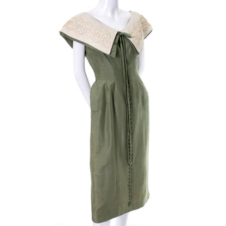 1950s Green Suzy Perette Vintage Dress Raw Silk Soutache Trim Collar - Dressing Vintage