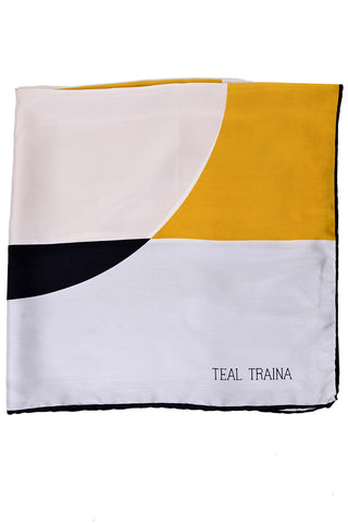 Teal Traina Vintage Silk Scarf Abstract Gold Black White - Dressing Vintage