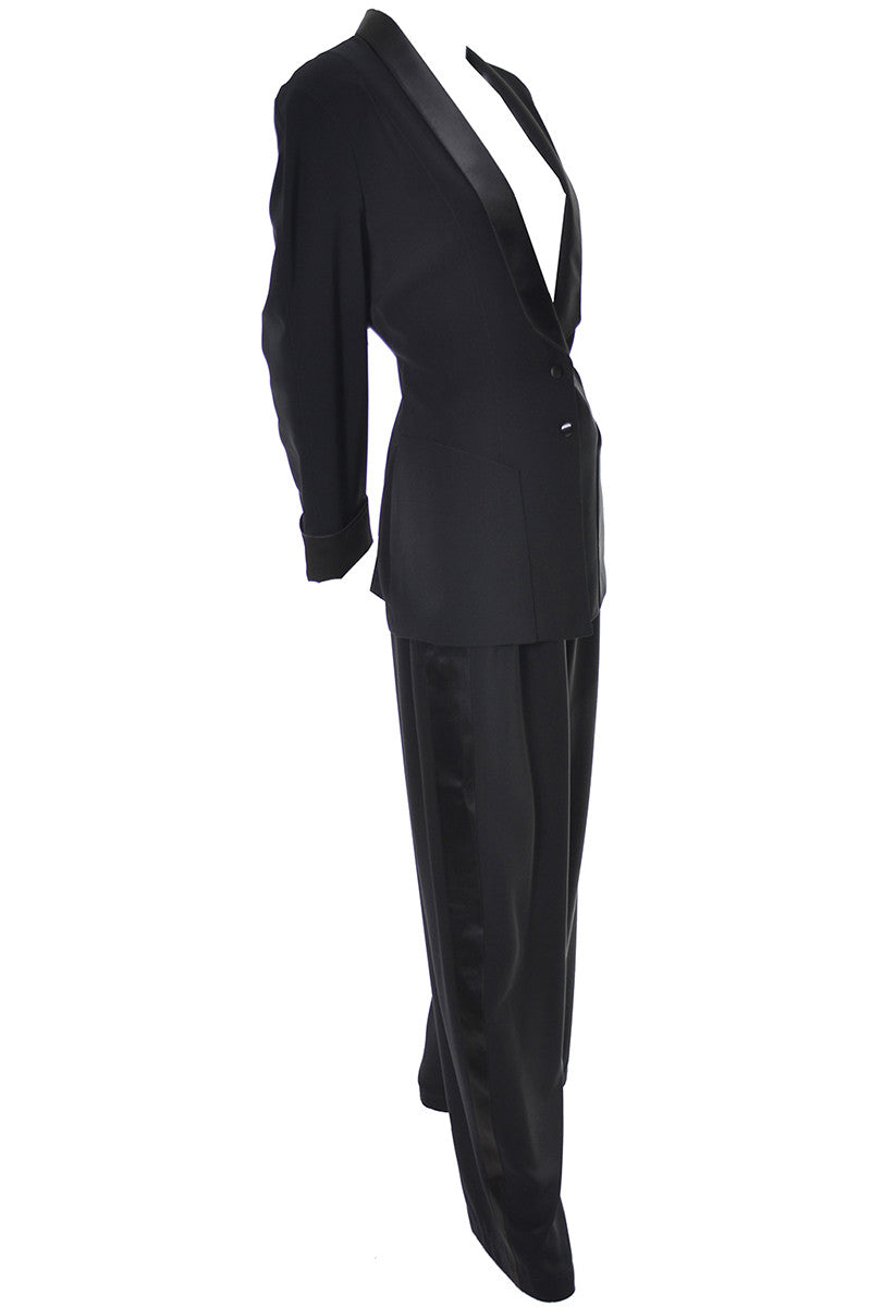 tuxedo style evening dress by mugler 1980S THIERRY MUGLER Black Silk & Wool Tuxedo Styled Cocktail Dress With Vinyl Collar