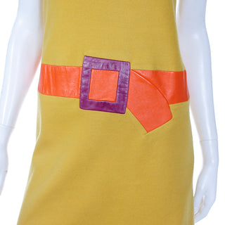 Unique 1960s Trompe L'oeil Mustard Yellow Orange & Purple Dress & Jacket