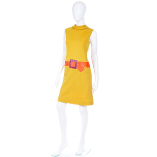 1960s Trompe L'oeil Mustard Yellow Orange & Purple Dress & Jacket Outfit