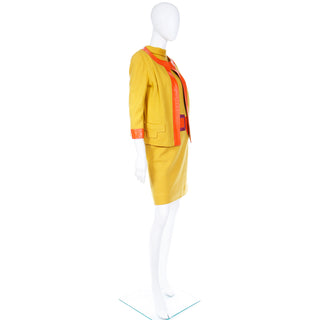 2 pc 1960s Trompe L'oeil Mustard Yellow Orange & Purple Dress & Jacket