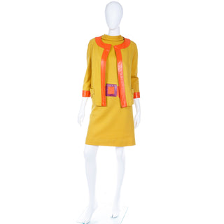 1960s or 70s Trompe L'oeil Mustard Yellow Orange & Purple Dress & Jacket Suit