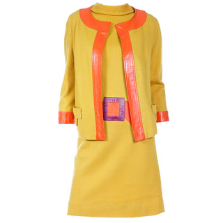 1960s Trompe L'oeil Mustard Yellow Orange & Purple Dress & Jacket Vintage