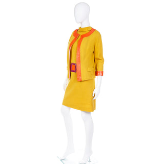 Late 1960s or Early 1970s Trompe L'oeil Mustard Yellow Orange & Purple Dress & Jacket 